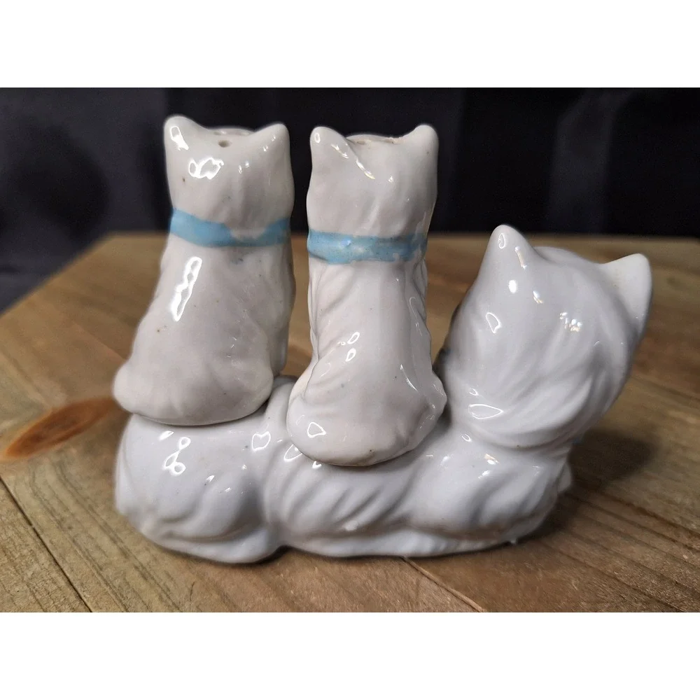 Vintage White Ceramic Cat Family Salt and Pepper Shaker Set Blue Bows 3 Piece